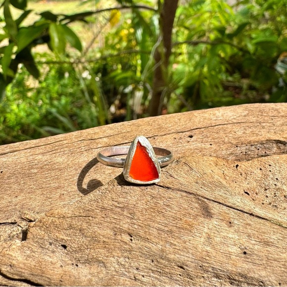 Handmade Sterling silver sea glass ring vintage orange  glass - Picture 3 of 3